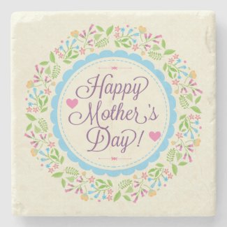 Happy Mother Day Text & Colorful Floral Wreath Stone Beverage Coaster