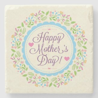 Happy Mother Day Text & Colorful Floral Wreath Stone Beverage Coaster