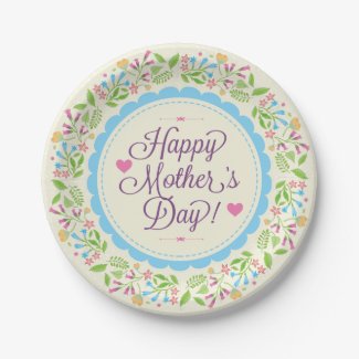 Happy Mother Day Text & Colorful Floral Wreath 7 Inch Paper Plate
