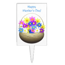 Happy Mothers Day Basket of Daisies and Blue Bird Cake Toppers
