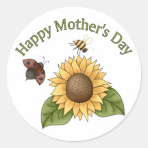 happy Mothers Day Sunflower, Butterfly, Bee Round Stickers