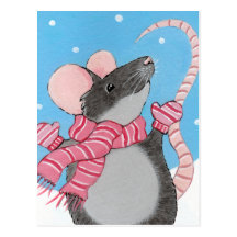 Happy Mouse in Snow Festive Postcard