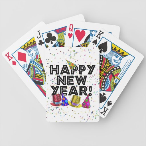 card played during new year happy new year black text with hats bicycle card played during new year happy new year black text with hats bicycle