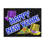 HAPPY NEW YEAR! Blue Text w/Party Hats Postcard