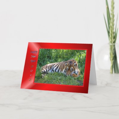 Happy Chinese New Year card with a tiger in traditional red and gold colors. 2010