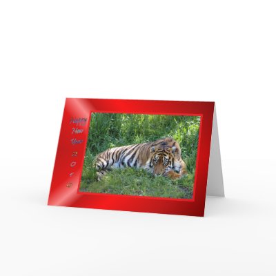 Happy Chinese New Year card with a tiger in traditional red and gold colors. 2010