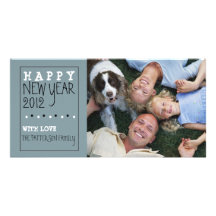 Happy New Year Fun Sketch Blue Black White Personalized Photo Card
