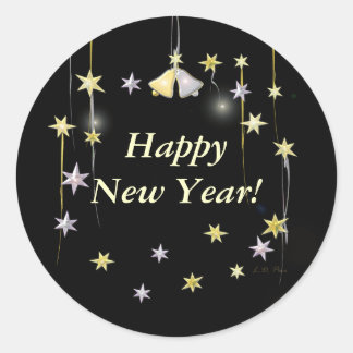Happy New Year Stars on Black Round Sticker