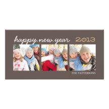 Happy New Year Three Photo Mocha Photocard Personalized Photo Card