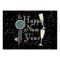 Happy New Year with Champagne & Confetti Greeting Cards