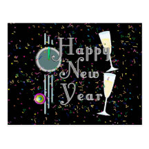 Happy New Year with Champagne & Confetti Postcard