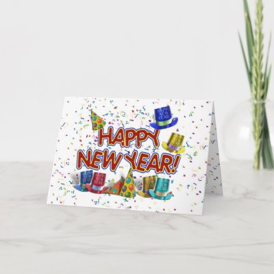 Happy New Years Text w/Party Hats & Confetti Greeting Card