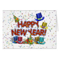 Happy New Years Text w/Party Hats & Confetti Greeting Card