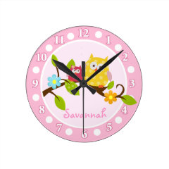 Happy Owls (Pink) Wall Clock - Add a Name