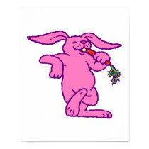happy pink bunny eating carrot posters