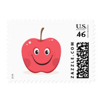 Happy red apple cartoon postage stamp