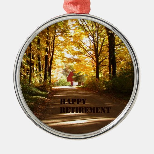 happy retirement red barn autumn road christmas ornament happy retirement red barn autumn road christmas ornament