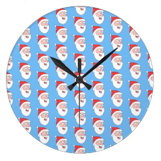 Happy Santa Face Pattern, on Blue. Wall Clocks