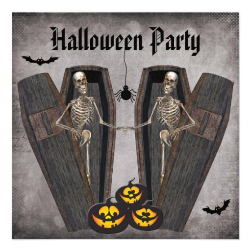 Happy Skeletons in Coffins Halloween Party Personalized Announcements