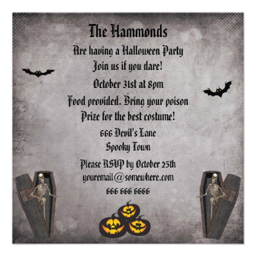 Happy Skeletons in Coffins Halloween Party Personalized Announcements