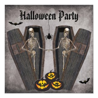 Happy Skeletons in Coffins Halloween Party 5.25x5.25 Square Paper Invitation Card