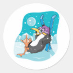happy skiier penguin round stickers