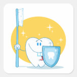 Happy Smiling Tooth With Toothbrush And Shield Square Stickers