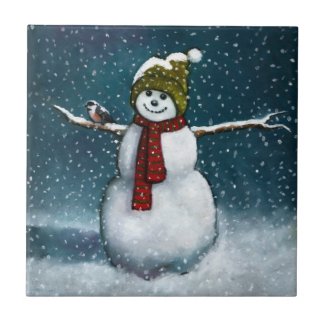 Happy Snowman in Snow: Chickadee: Pastel Art tile