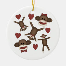 Happy Sock Monkeys and Hearts Tees, Gifts Christmas Ornament