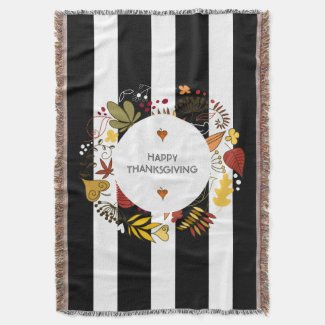 Happy Thanksgiving Fall Wreath & Stripes Throw Blanket