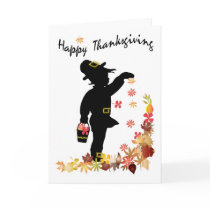 Happy Thanksgiving, Little Boy Scattering Leaves - Greeting Card