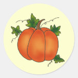 Happy Thanksgiving Orange Pumpkin Green Leaves Round Sticker