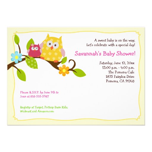 Happy Tree Owls 5x7 Baby Shower Invitation (front side)