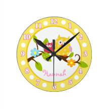Happy Tree Owls Yellow and Pink Nursery clock