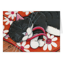 Happy Tuxedo Cat Asleep on a Pair of Flip Flops Card