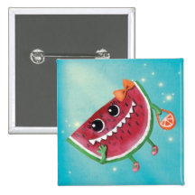 Happy Watermelon Lady Pinback Button