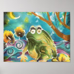 Happy Whimsical Frog at Night Silk Painting Posters