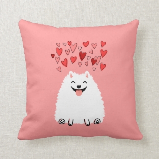 Happy White Pomeranian with Pink Hearts