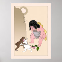 Hare & Monkey Wrestling by Yoshitoshi Print