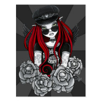 harley, angel, fairy, biker, tattoo, roses, red, fantasy, wings, Postcard with custom graphic design