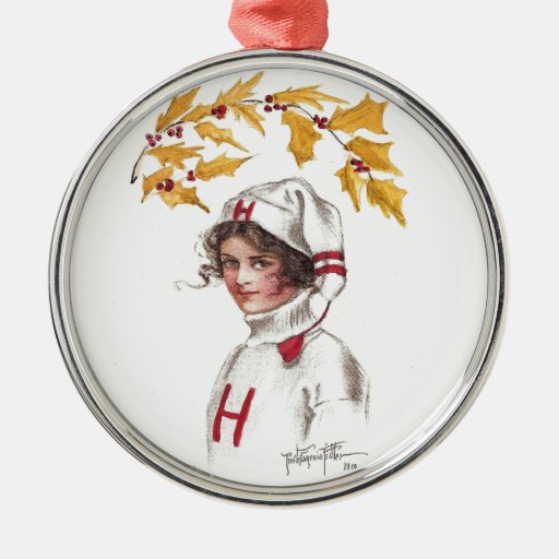 harvard coed in winter with holly branch metal ornament harvard coed in winter with holly branch metal ornament