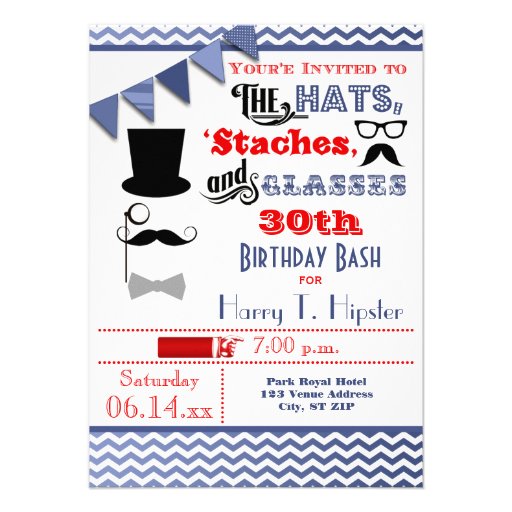 Hats, Mustaches, and Glasses 30th Birthday Invite