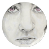 camarillo, fine art, art plate, artistic plate, decorative wall plate, collectors art plate, black and white, black and white art, portrait of woman, pink, artsprojekt, nicholecamarillo.com, mexican art, painting, female art, latina art, artistic tray, creative dish, artistic dish, unique serving tray, creative, artistic, christmas gifts, artistic housewarming gift, creative kitchen accessories, sketchbook project, eyes, face, artistic portrait, haunting, yellowish pink, fictional, purplish pink, comic book, solferino, ongoing se, [[missing key: type_fuji_plat]] with custom graphic design