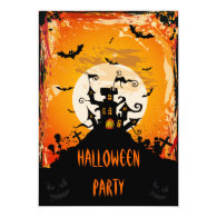 Orange arty bats around transylvanian Castle Halloween Party 5x7 Paper Invitation Card