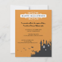 Haunted House Halloween Party Invitation - Set the frightful mood with this Halloween party invitation. It features a silhouette of a haunted house on a desolate hill with resident bats.
