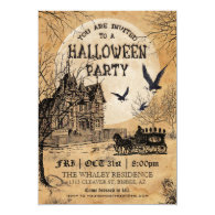 Haunted House Halloween Party Invitation on yellowed old paper - with creepy house and crows and horse drawn carriage