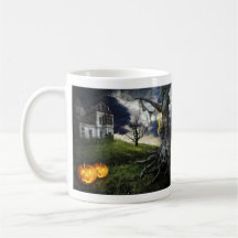 Haunted House with Jack O Lanterns On Halloween Mugs