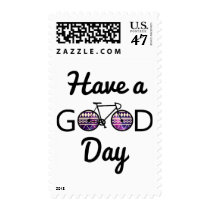 have a good day, words, funny, tribal, earth day, cool, environment, happy, bike, recycling, eco friendly, ride, fun, recycle, green, postage, stamp, Frimærke med brugerdefineret grafisk design