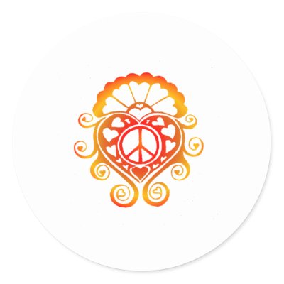 Sunburst colored Henna tattoo design of a peace symbol surrounded by hearts