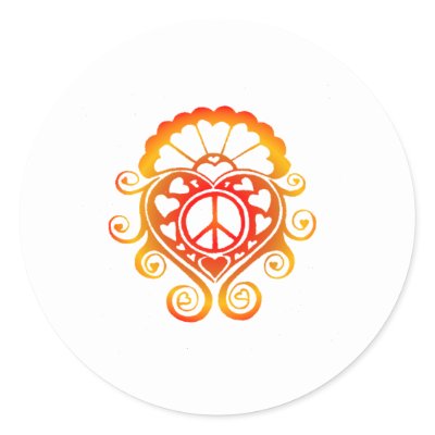 Sunburst colored Henna tattoo design of a peace symbol surrounded by hearts